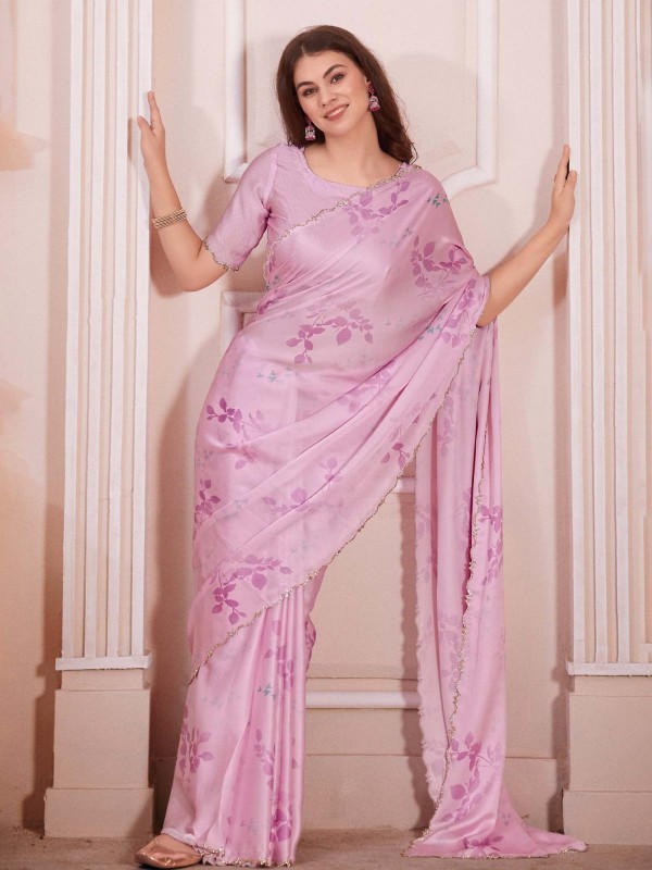 Light Pink Pure Satin Georgette Digital Print Saree